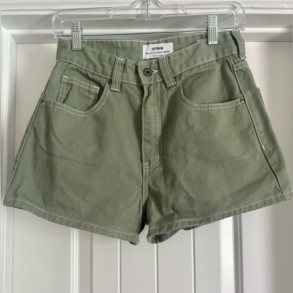 Cotton On High Rise Mom shorts in sage green, size US 4.